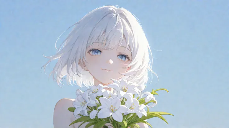 (watercolor:0.6),(Pastel 0.4),(realistic:0),A human girl is holding a bouquet of bell orchids and looking at me、kind smile、pale、soft lighting、Bob with fluffy white hair taken from an angle to the left、blue sky background、simple background。