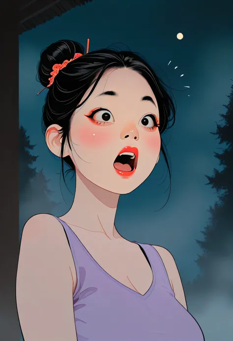 1girl, perfect face, black hair bun, hair up, black round eyebrows, black eyeliners, big brown eyes, nose, thick red lipstick, (shocked, big eyes, blushing, open mouth), beautiful girl, v-neck, purple tank top, ((female asian, face asian)), death forest ro...