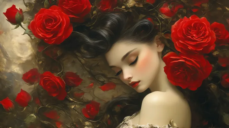 Adolph Menzel´s and Jasmine Becket-Griffith´s painting depicting A woman dressed in bright red, her dress transforms into a trail of roses, she walks through a dark and lifeless place, and where the trail of the dress touches, it becomes a stunning garden,...