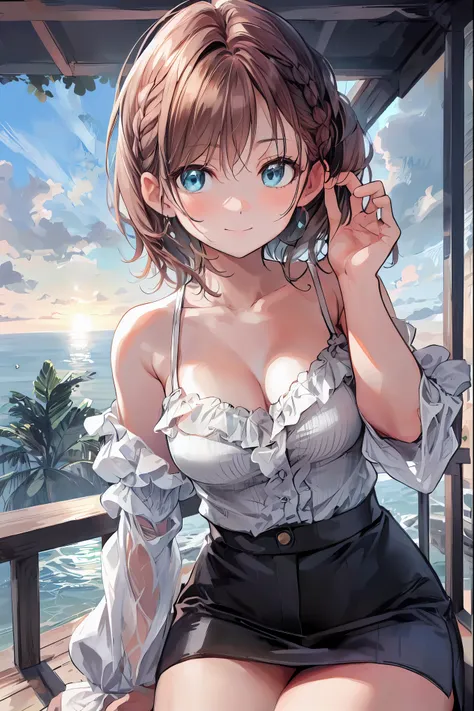 Misty rural sunrise    、Woman running up a steep hill、 distant and close views in a big, misty city at sunrise 、   smoke is coming out of old factory chimneys near the bay and harbor 、  movie light、 dramatic atmosphere 、8k、   high image quality 、 realistic...