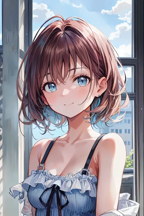 Misty rural sunrise    、Woman running up a steep hill、 distant and close views in a big, misty city at sunrise 、   smoke is coming out of old factory chimneys near the bay and harbor 、  movie light、 dramatic atmosphere 、8k、   high image quality 、 realistic...