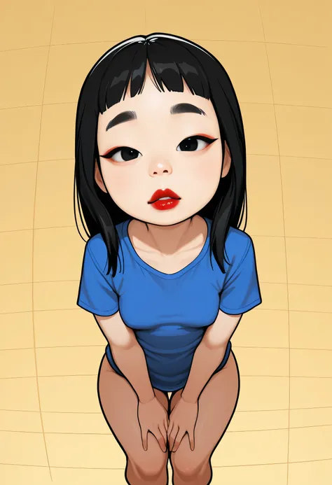 Perfect Face, (Female Asian, Face Asian), Black Hair, Short Bangs, Black Normal Eyebrows, Black Eyes, Red Lips, (Small Breasts), (Blue T-Shirt), From Above