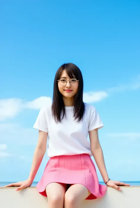 
Ant eye view of A young Thai woman 20years sits on a ledge with a clear blue sky in the background, wearing a white t-shirt and a pink skirt. She has long, straight hair and round glasses, looking confidently at the camera. The vibrant sunlight highlights...