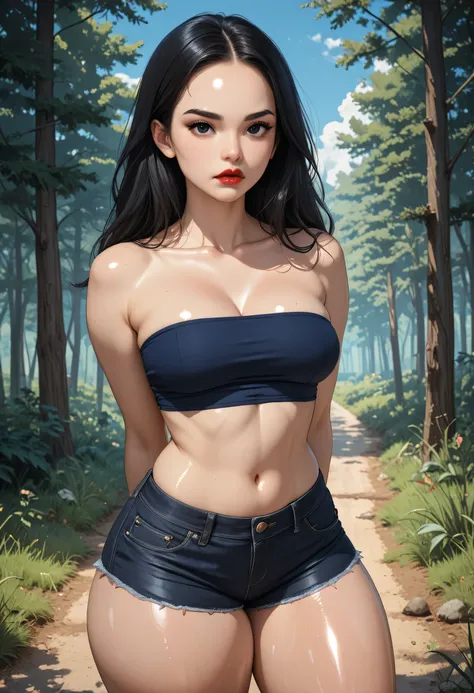 (Perfect Body), (Skin Tone), Black Hair, (Long Smooth Hair), ((Forehead)), Black Thin Eyebrows, Black Eyes, Thick Lips, Red Lips, Collarbone, Cleavage, (Medium Breasts), (Dark Blue Tube Top), Navel, (Thick Thighs:1.4), (Black Denim Jeans Short Shorts), Sta...