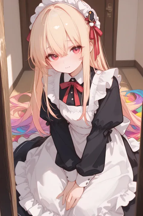 Highest Quality、authentic style、masterpiece、detailed background、portrait photo、girl bowing with a soft background blur、Natural Skin Tone、trying to make a candy house、魔法で壁が全部キャンディになってしまい驚くcute魔女。small hat and ribbon、dress with apron、walls and roofs made of ...