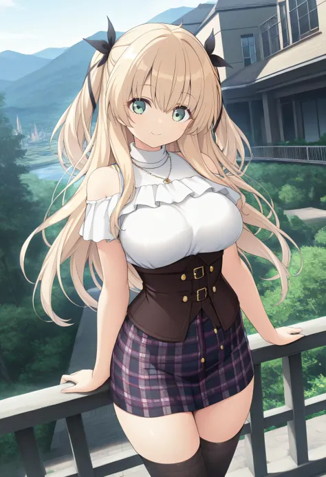 masterpiece, best quality, highres, scenery, newest, 1girl, official style, ren, blonde hair, green eyes, two side up, hair_ribbon, sweaters outfits, white shirt, short sleeves, corset, plaid skirt, black thighhighs, fully shoulders, looking at viewer, sm...