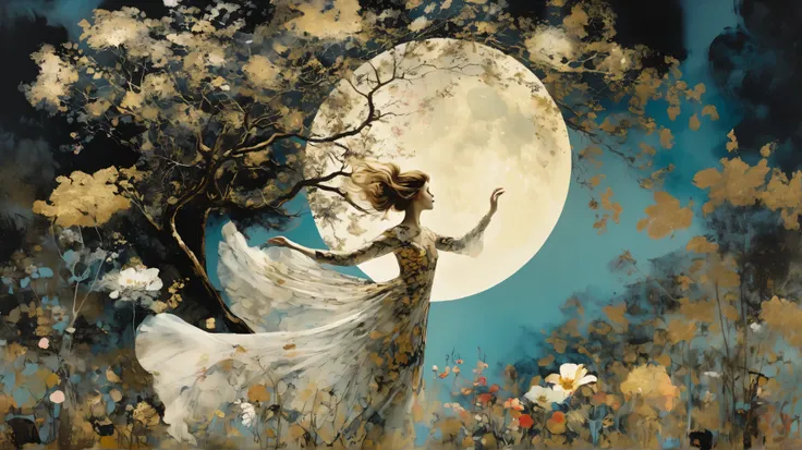 layered, an ethereal girl dancing in a garden, whimsy mood, moody colors by Georges Clairin, background surreal garden and a big tree, floral motif, night with a big moon by Gerald Scarfe with pattern, gold leaf details.