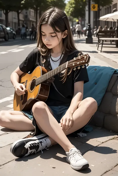 A young guitarist sits cross-legged on a busy plaza, playing a melancholic tune. What memories is he channeling through his music?
