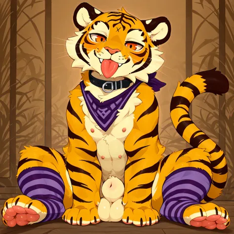 Male, solo, tiger, feral, cute, balls, sheath, orange eyes, chest tuft, balls tuft, neck tuft, tongue out, chest cloth, 6 nipples, paws, 4 toes, front view, sitting, seductive, purple clothes, collar, legwear, golden fur, masterpiece, best quality, amazing...