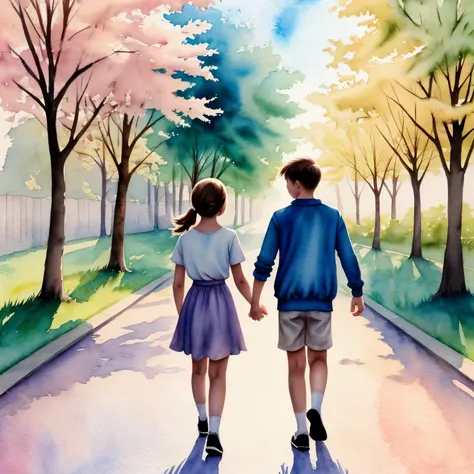 A soft, nostalgic illustration of a boy and girl walking together on a sunny morning street, warm pastel colors, gentle lighting, cinematic mood, no text, silhouettes of youth, watercolor style