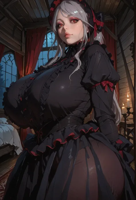 medieval_brothel, (dim light:1.4), bedroom, canopy bed, wooden floor, wooden wall, candle, night, red curtains, carpet, window, ,black dress, bonnet, bow, dress, frilled dress, frills, large bow, long sleeves, vampire,,shalltear, grey hair, long hair, red ...