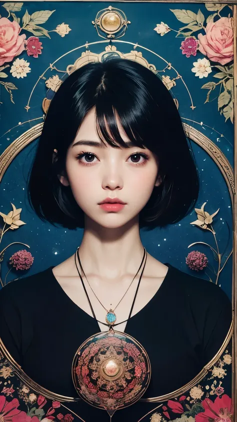 Harry Clarke, Yuko Shimizu, Emil Doepler, Daniela Iride Murgia, Kiichi Okamoto, Surrealism, Mystery, Weird, Fantastic, Fantasy, Sci-fi, Fantasy, Japanese Anime, Equation of Stylistic Experiments, beautiful High school girl assembling a crescent moon, looki...