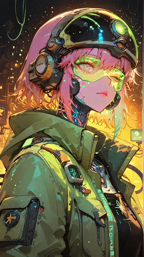 This image portrays a highly detailed and visually striking futuristic female figure, blending human features with advanced cybernetic technology. Her face is partially covered by a transparent, glowing visor or augmented reality interface that displays in...