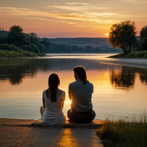 Romantic jazz-style cover art, silhouettes of two young people sitting near a riverside in the evening, golden sunset reflecting on water, dreamy and cinematic, soft focus, no text, impressionist brush style