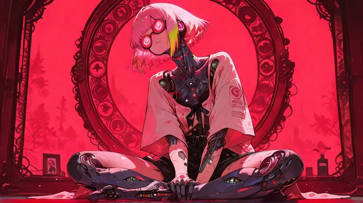 japanese style cyberpunk atmosphere, left angle.,full body portrait ,- a stunning bright hair girl android, , geometrical scars, cybernetic implant aesthetic, biomechanical body parts, mirror glasses cool casual wear, tatoos, ,) digital art, , 32k UHD h...