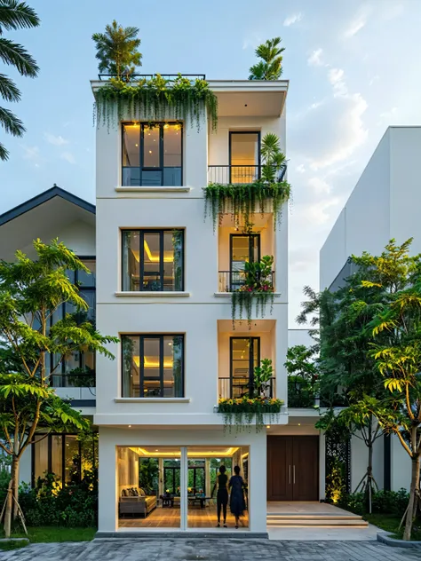 neo classical villa on street, tropical tree, vivid colour, streetcapes, black detail, white wall, large glass door, warm interior lighting, best quality,