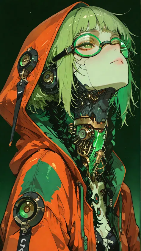 dope android girl in green googles, black motoko hair, biomechanical throat, hoody, black braids, showing tonque, tonic green shadowy dark background ,rich pallete of green and grey, dim light, anime manga old school 2000 style masterpiece
