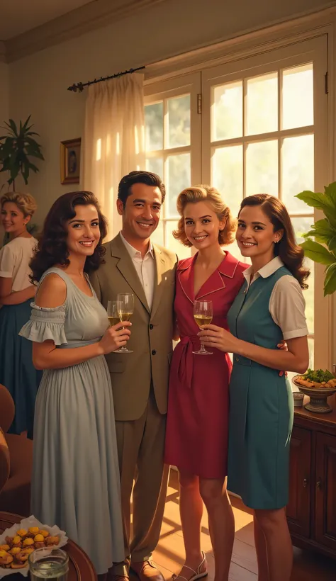 1940 California Home Party,Illustration-style family photos,relaxed atmosphere,Assorted hors d'oeuvres,Dress Up,during the day,2 couples ,Group Photo,illustration style,Warm Light,soft focus,high resolution,realistic illustration,HDR,painting style