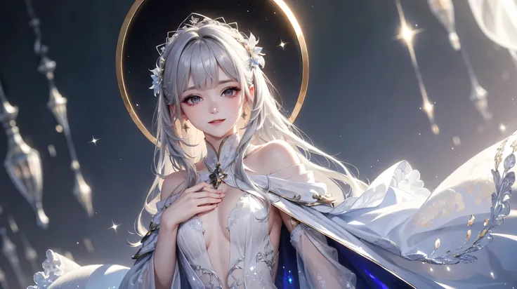 (masterpiece),(4K),high quality,(small breasts),sexy girl、Sexy Saints , Long Silver Hair ,My skin is white,smile, Beautifully detailed gray eyes, ( high-definition and elegant ),( White Capelet Fashion), magical color and atmosphere, detailed skin from sle...