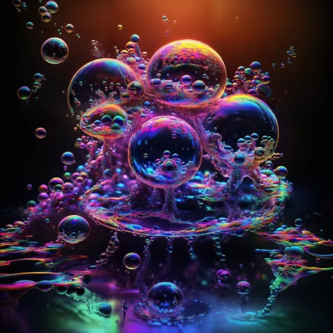 A close up of beautiful bubbles floating on top of each other, LSD, DMT imagery. GlowingNightmare, smile, neon colors, glowing, GlowingRunes_pink, GlowingRunes_green, GlowingRunes_paleblue, psychedelic droplets of water, abstract liquid, and intricate rain...