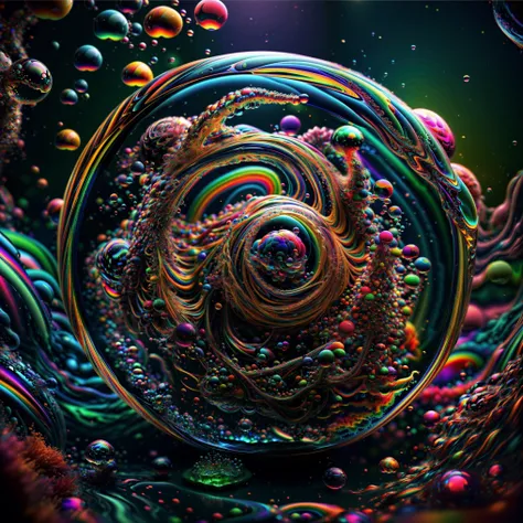 A close-up of beautiful bubbles floating on top of each other, LSD, DMT imagery. GlowingNightmare, smile, neon colors, glowing, GlowingRunes_pink, GlowingRunes_green, GlowingRunes_paleblue, psychedelic droplets of water, abstract liquid, and intricate rain...