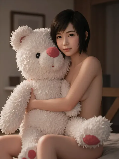 Yuffie is sitting naked in a cottage house in gongaga, comfortable, and at home, she is seemingly just out of shower, her hair is wet. She is hugging a giant moogle teddy bear