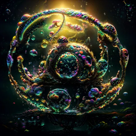 A close-up of beautiful bubbles floating on top of each other, LSD, DMT imagery. GlowingNightmare, smile, neon colors, glowing, GlowingRunes_pink, GlowingRunes_green, GlowingRunes_paleblue, psychedelic droplets of water, abstract liquid, and intricate rain...