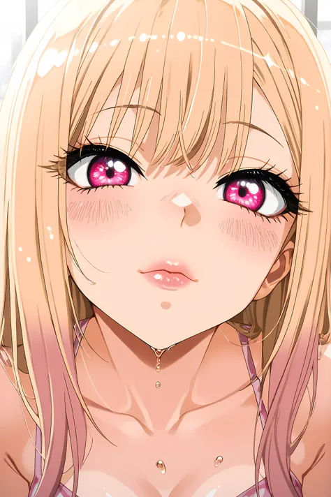 high quality, masterpiece, ultra dettagliato, Very close up of Marin Kitagawa's lips pressed against an invisible glass surface, as if he were giving a passionate kiss to the viewer through a transparent screen. Totally closed mouth in the shape of a kiss,...