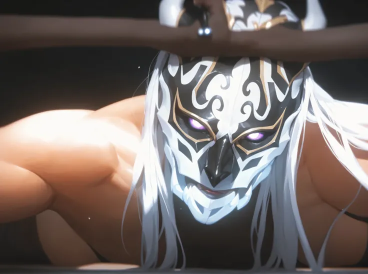 This image appears to depict an animated character wearing a distinctive mask. The mask has a white and black design, resembling a fierce or intimidating pattern, possibly inspired by animal features. The character has long hair and seems to be looking int...