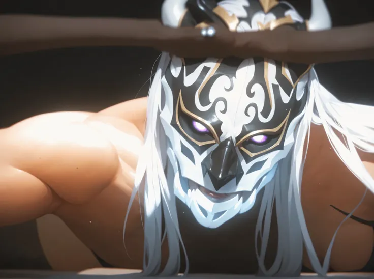 This image appears to depict an animated character wearing a distinctive mask. The mask has a white and black design, resembling a fierce or intimidating pattern, possibly inspired by animal features. The character has long hair and seems to be looking int...