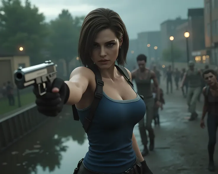Beauty Jill Valentine,(resident evil 3 game artwork),(landscape Environmental camera wide angle perspective scenery:curvy busty jill valentine:racoon City:she is holding, pointing, and aiming a handgun to the viewers),she is wearing combative blue tanktop,...
