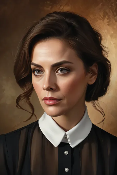 Steve McDonald Art. This is a digital painting of a woman's face, rendered in a realistic yet stylized manner. The subject is a middle-aged woman with  a solemn expression. His skin is fair with a subtle reddish hue, suggesting the light source is from the...