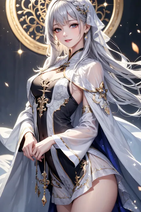 (masterpiece),(4K),high quality,(small breasts),sexy girl、Sexy Saints , Long Silver Hair ,My skin is white,smile, Beautifully detailed gray eyes, ( high-definition and elegant ),( White Capelet Fashion), magical color and atmosphere, detailed skin from sle...