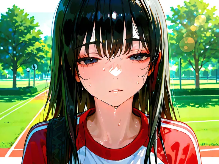 beautiful woman,long black hair,Park Running Course,summer sunshine,Tired Expression,I'm wearing a jersey while sweating,Full Body,in nature,4K real,portrait,professional,HDR,Ultra Details,Vivid Colors,bokeh effect