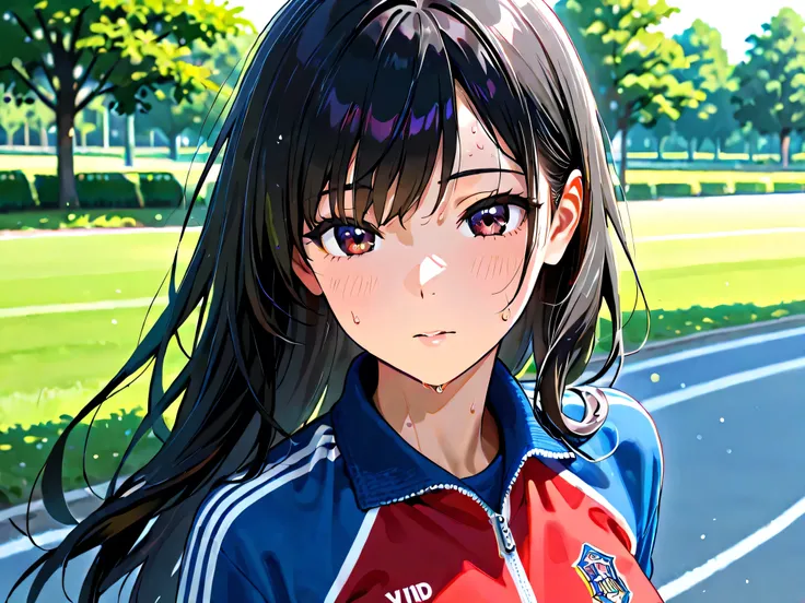 beautiful woman,long black hair,Park Running Course,summer sunshine,Tired Expression,I'm wearing a jersey while sweating,Full Body,in nature,4K real,portrait,professional,HDR,Ultra Details,Vivid Colors,bokeh effect