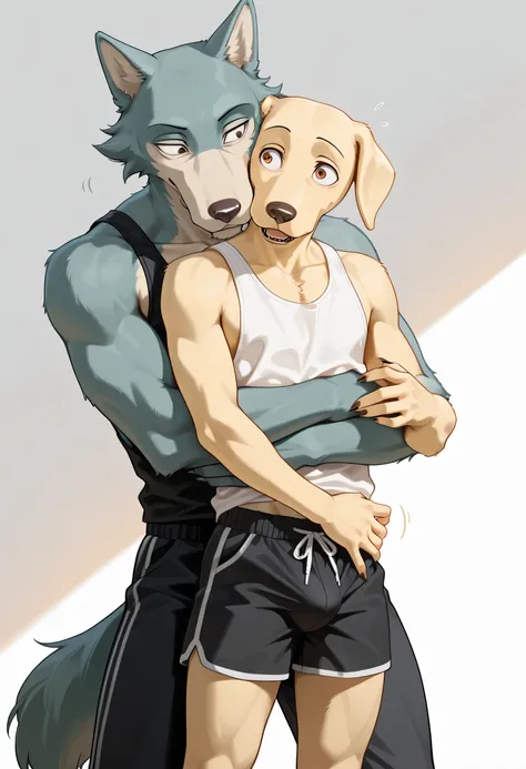 masterpiece, best quality, amazing quality, furry male, 2male, duo, Legoshi, Wolf, claws,  bedroom eyes, dominant cocky JackBeastars, anthro, labrador retriever, beastars, mature male, animal ears, pale yellow fur, dark orange eyes, muscle, shirtless, blac...