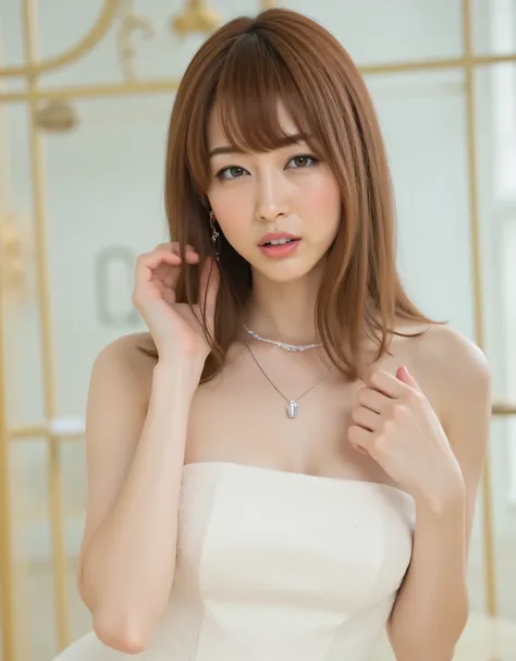 Beautiful woman with a hollow expression wearing a sexy white lace wedding mini dress in a glass showcase、white wedding veil、Price tag 、bright lighting、Love Doll Showroom、A gentleman appraising an item、1 woman、Detailed Thigh、beautifully detailed face with ...