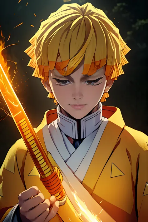 "Create a digital art image in Niji style. The image should have a colorful and vibrant appearance with a lot of details. The subject of the image should be a young man with blonde hair and a yellow and orange cloak. The young man should be holding a sword...