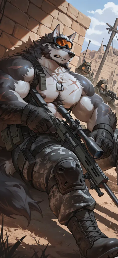 Very good,masterpiece after sex,best quality,2024,latest,high resolution,Ridiculous,detailed background, battlefield,explode, 1 boy, solo,'s only,furry的,Wolf,furry, chest hair,beard,Chest,Big abdominal muscles,muscular,( facial scars,), tactical goggles,Do...