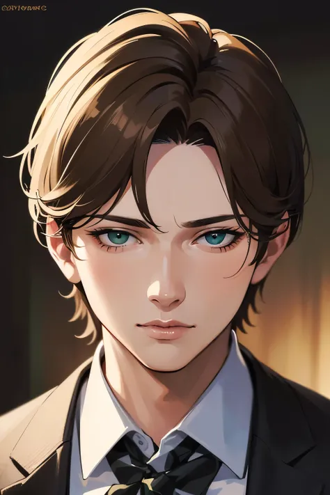 masterpiece, best quality, 1boy, brown hair, green eyes, short hair, side part, black suit, confident, sharp eyes, mature, realistic face, realistic eyes, closed up, upper body, looking at viewer, detailed eyes, detailed facial features, realistic and high...