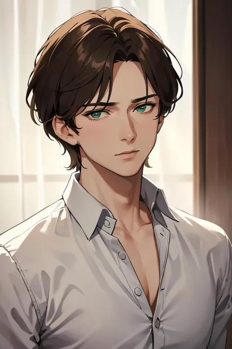 masterpiece, best quality, 1boy, brown hair, green eyes, short hair, side part, white shirt, confident, sharp eyes, mature, masculine, fierce, mad face, realistic face, realistic eyes, closed up, upper body, looking at viewer, detailed eyes, detailed facia...