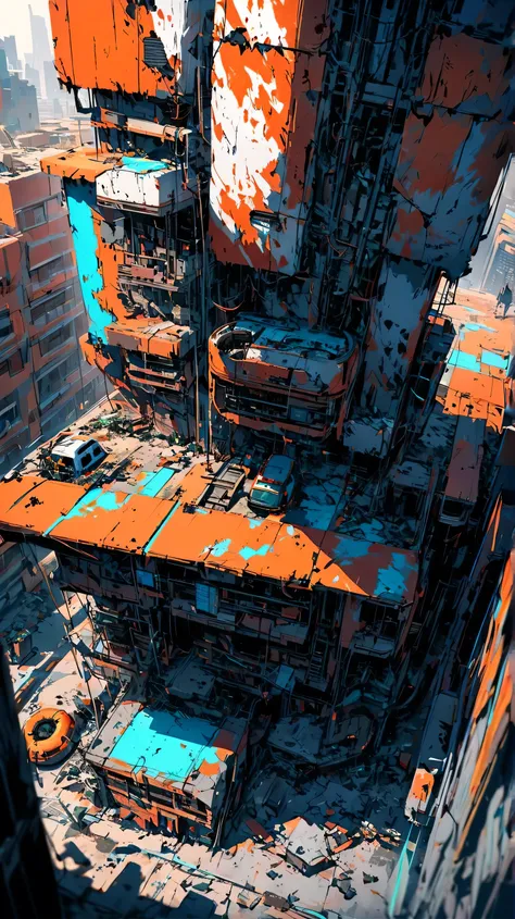 Create a view from the central perspective of the image Sci-fi scene of a damaged square and streets of a Cyberpunk city, with lot industrial pipework, painted with strong colors combined with an ink line drawing with thicker and thinner black lines, massi...