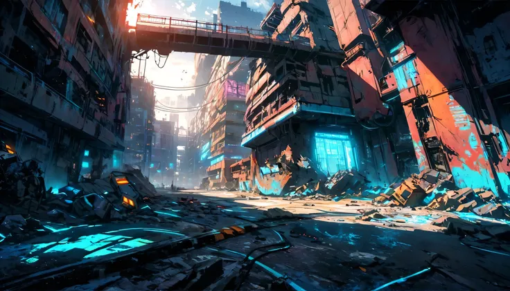 Create a view from the central perspective of the image Sci-fi scene of a damaged square and streets of a Cyberpunk city, with lot industrial pipework, painted with strong colors combined with an ink line drawing with thicker and thinner black lines, massi...