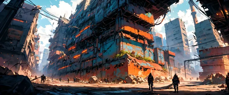 Create a view from the central perspective of the image Sci-fi scene of a damaged square and streets of a Cyberpunk city, with lot industrial pipework, painted with strong colors combined with an ink line drawing with thicker and thinner black lines, massi...