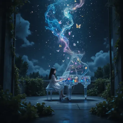 A surreal scene, almost like something out of a movie. At night, long ivy grows on an abandoned concrete rooftop, and moss grows thickly on the walls. On the rooftop, a grand piano made of clear water sparkles in the starlight. A girl in a delicate dress s...