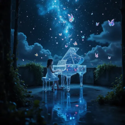 A surreal scene, almost like something out of a movie. At night, long ivy grows on an abandoned concrete rooftop, and moss grows thickly on the walls. On the rooftop, a grand piano made of clear water sparkles in the starlight. A girl in a delicate dress s...