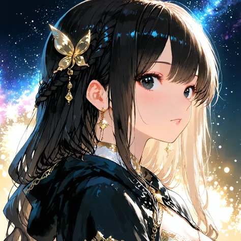 A beautiful girl anime-style female character (1.0), three-quarter view, looking at the viewer, not facing forward (1.2), semi-realistic (1.0), mi-long hair wavy black hair with brown streaks (1.2),black eyes (1.2), matte skin (1.0), age 20 (1.0), wearing ...