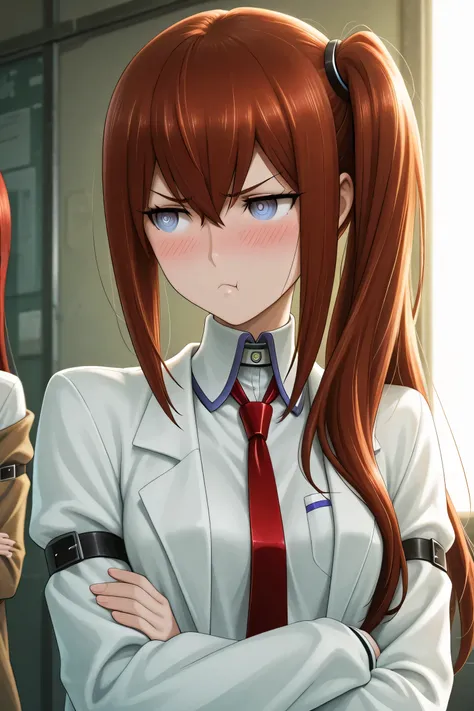 masterpiece, high quality, ultra-detailed, 1 girl, makise kurisu, steins;gate style, anime style, tsundere expression, blushing, red hair, side ponytail, blue eyes, white lab coat, embarrassed look, cute pout, crossing arms, christina, looking away, indoor...