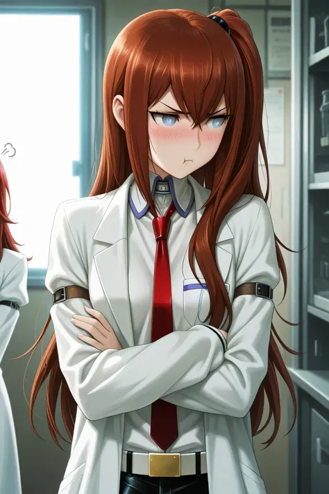 masterpiece, high quality, ultra-detailed, 1 girl, makise kurisu, steins;gate style, anime style, tsundere expression, blushing, red hair, side ponytail, blue eyes, white lab coat, embarrassed look, cute pout, crossing arms, christina, looking away, indoor...