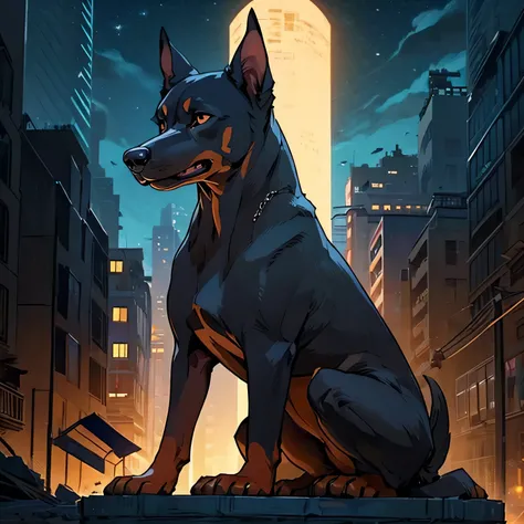 (((No humans)))、dog1Animals、Ruined City、最高品質のdog、Detailed hair、Mr.々Angle、The perfect doberman、Detailed Background、Top quality backgrounds、14k、完璧なdog、野良dog、Dull colors、Faint lighting、night